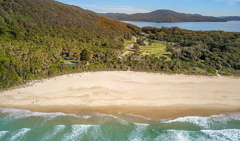 Arial shot of The Ruins campground in Booti Booti National Park, between Wallis Lake and Seven Mile Beach. Photo credit: John Spencer © DPIE