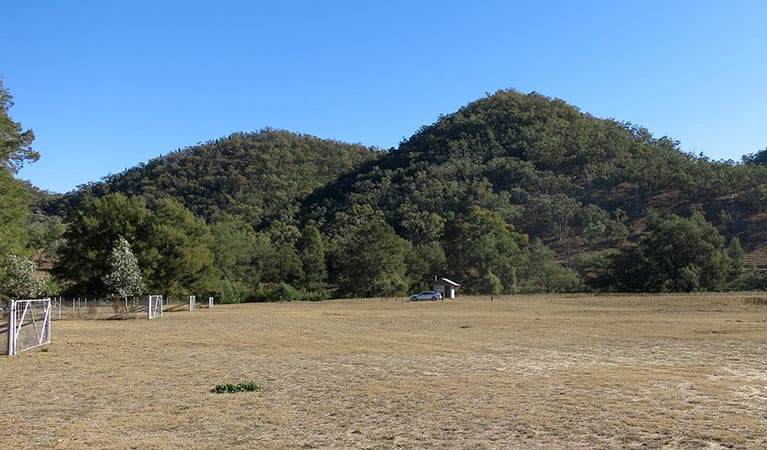 Capertee campground with tree-covered hills in the background in Capertee National Park. Photo: Jessica Barnie © DPIE