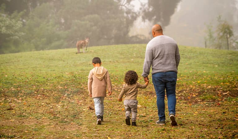 A father walks with his children across a grassy area with a kangaroo in the background, at Cattai campground in Cattai National Park. Photo: John Spencer/OEH