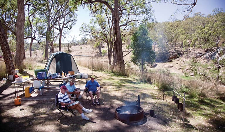 A group of campers around a fire ring at Big River campground in Goulburn National Park. Photo: Nick Cubbin © DPIE
