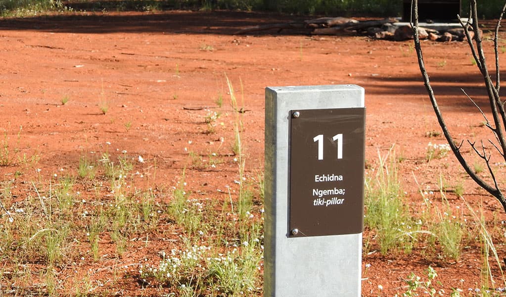 Close-up of sign post for a campsite named Echidna at Dry Tank Campground in Gundabooka National Park. Photo credit: Jess Ellis/DPE © DPE