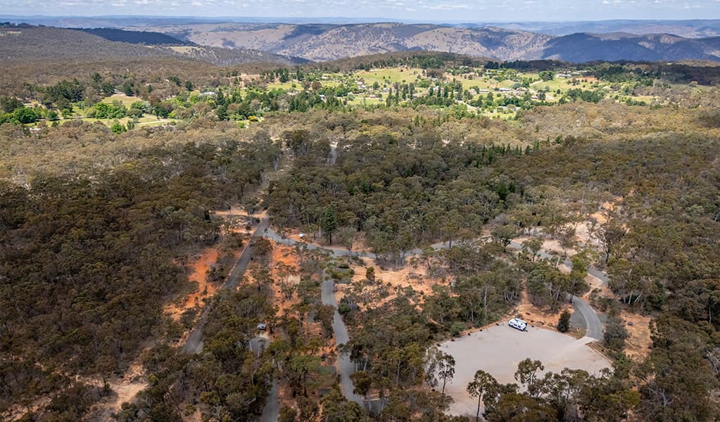 Aerial view of Glendora campground and the surrounding bushland. Credit: John Spencer/DCCEEW © DCCEEW