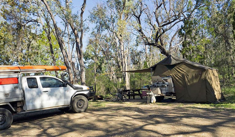 A tent with ute parked next to it in Horton Falls campground and picnic area, Horton Falls National Park. Photo © Leah Pippos © DPIE