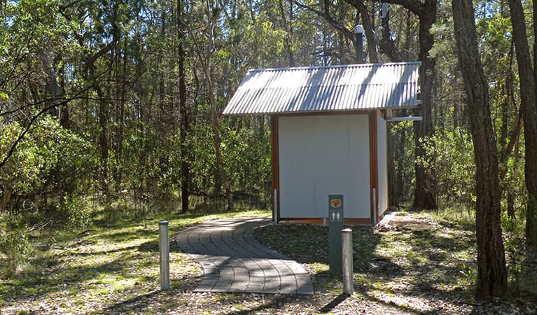 View of paved path to toilet facilities surrounded by bushland, in Horton Falls National Park. Photo: Peter Croft © DPIE