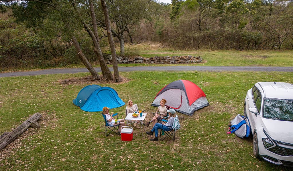 A family camping with tents at Killalea campground. Photo: John Spencer/DCCEEW © DCCEEW