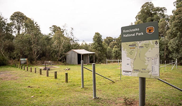 Park sign and map in front of horse shelter and yards, Geehi horse camp, Kosciuszko National Park. Photo: Robert Mulally © Robert Mulally