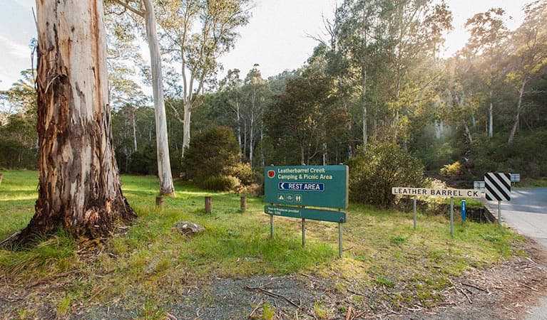 Signage at Leatherbarrel Creek campground and picnic area, Kosciuszko National Park. Photo: Murray Vanderveer © DPIE