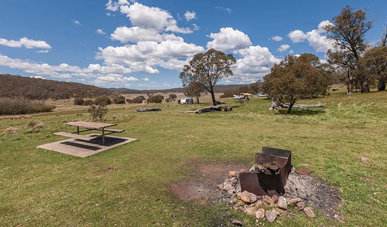 Fire ring and picnic table, Denison campground, Kosciuszko National Park. Photo: Murray Vanderveer © DPIE