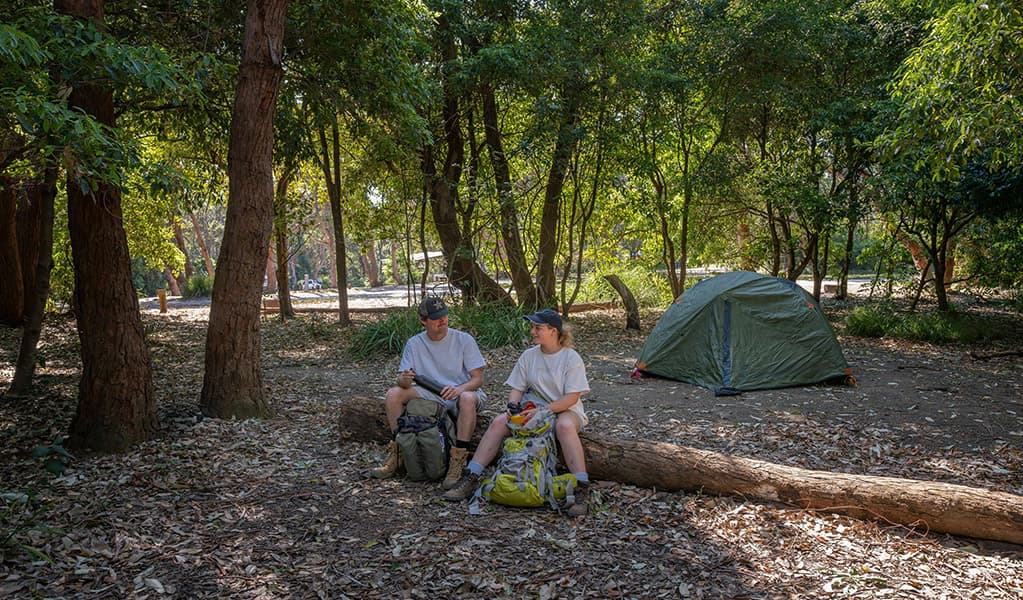 Campers resting on a log at Pretty Beach campground. Credit: John Spencer © DCCEEW