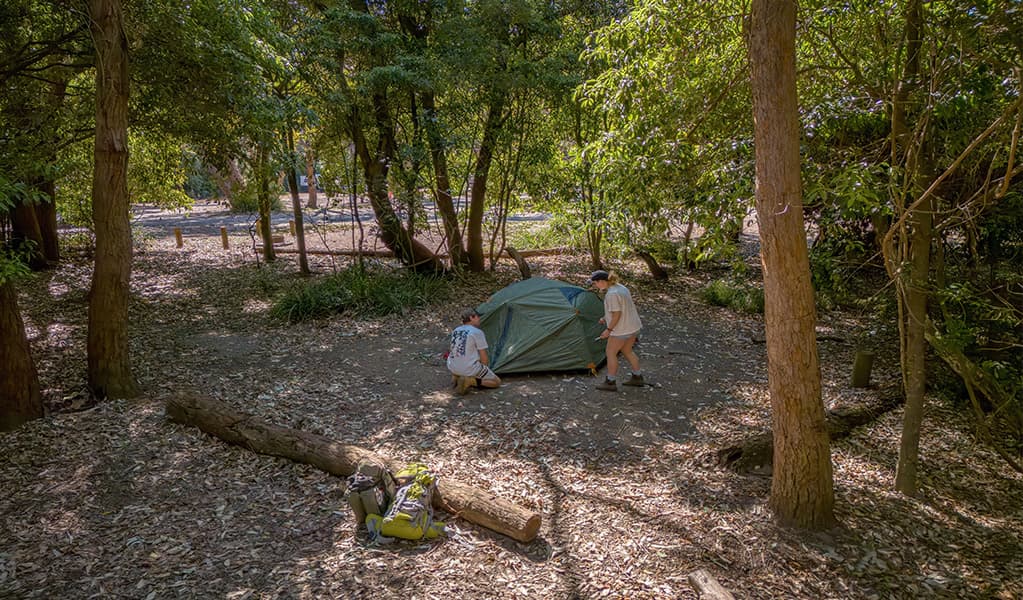 Campers setting up their tent at Pretty Beach campground. Credit: John Spencer © DCCEEW