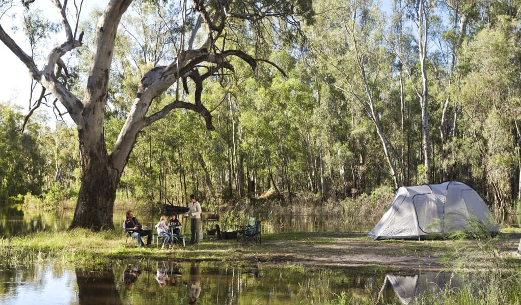 A group of campers sitting next to their tent by the river at Gulpa campgrounds in Murray Valley National Park. Photo: David Finnegan © OEH