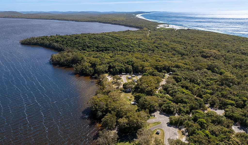 Aerial view of the lake and beach near Mungo Brush campground. Credit: John Spencer/DCCEEW © DCCEEW