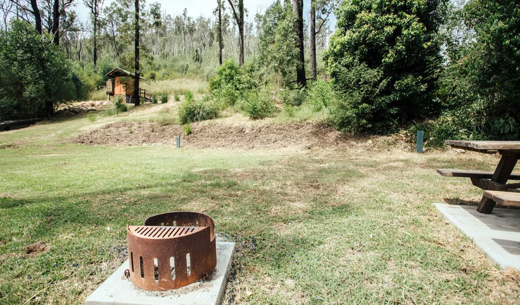 Fire pit and picnic table at The Junction campground, Nymboi-Binderay National Park. Photo: Jay Black, © DCCEEW