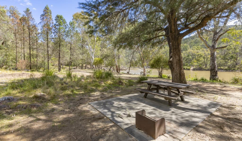 A picnic table and wood barbecue surrounded by trees at Gum Hole campground and picnic area in Warrabah National Park. Photo: Joshua Smith © DPE