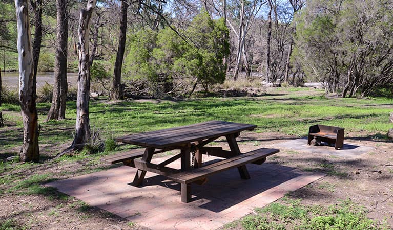 A picnic table and wood barbecue next to trees at Warrabah campground and picnic area in Warrabah National Park. Photo: Peter Berney © DPIE