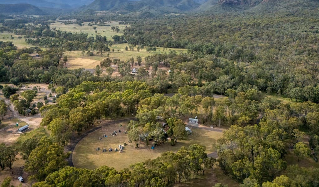 An aerial view of Camp Walaay group campground in Warrumbungle National Park. Photo: John Spencer © DCCEEW
